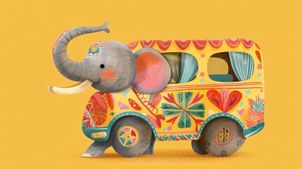A sweet little elephant driving a cartoonish bus, its trunk playfully hanging out of the window. The bus is decorated with colorful patterns, and the scene is set against a solid yellow background,