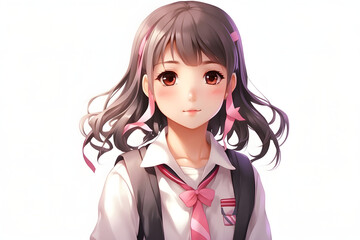 Wall Mural - A girl with long hair and a pink bow on her neck is smiling