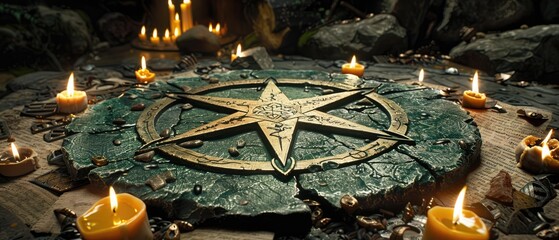 Intricately designed pentagram pendant on dark magic book surrounded by candles and ancient symbols for satanic ritual and occult worship