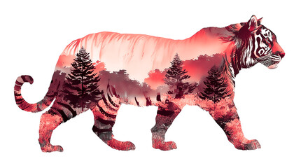 Wall Mural - red monochrome Creative photo poster with double exposure with icon of tiger 