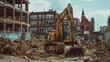 © wanchai - A yellow construction vehicle is digging in a dirt field. The vehicle is surrounded by a large building in the background