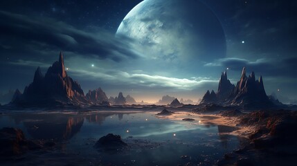 Wall Mural - A landscape with mountains and a moon, starry sky, Pangea landscape