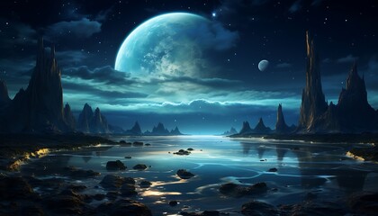 Wall Mural - A landscape with mountains and water, starry sky, Pangea landscape
