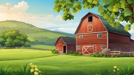 Wall Mural - background with barn and green nature