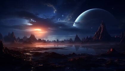 Wall Mural - A landscape with mountains and water, starry sky, Pangea landscape