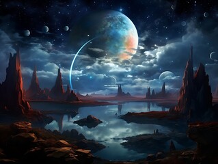 Wall Mural - A landscape with mountains and a moon, starry sky, Pangea landscape
