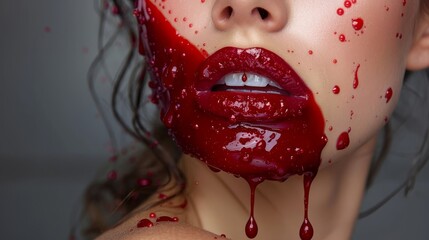 Wall Mural -  A tight shot of a woman's face, blood streaming down from multiple wounds, pooling at her lips and collecting on her cheek Red liquid cascading from open injuries