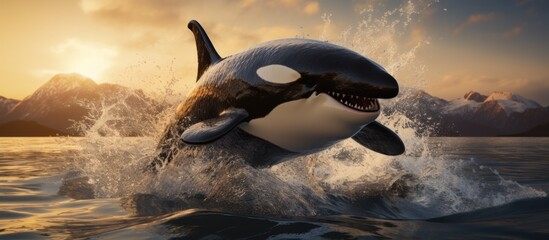 Orca leaping from sunset ocean water