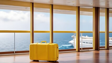 Wall Mural - yellow plastic travel suitcase on the pier with cruise ship, Ai Generated