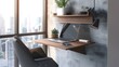 © tantawat - A modern home office setup in a small apartment, featuring a floating desk attached to the wall, a stylish chair, and a laptop. The desk is decorated with minimalistic items such as a succulent plant