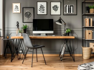 A stylish home office with a Scandinavian design featuring a wooden desk, a comfortable chair, and a computer monitor. The desk is adorned with a few decorative items such as a plant and a lamp, and