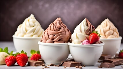 Wall Mural - Set of tasty chocolate vanilla and strawberry flavor frozen dessert or ice cream in white bowl