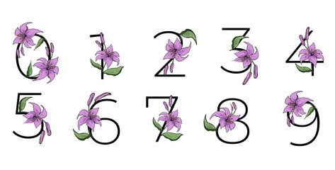Wall Mural - Lilly blossom purple flower alphabet number for design of card or invitation. Vector floral letter illustrations, isolated on white background for wedding