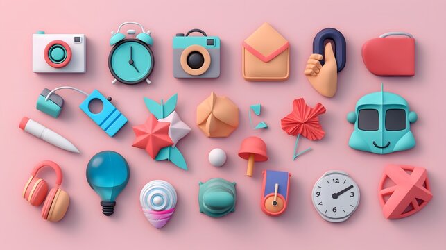 1. Design a sticker sheet for general use, incorporating a multitude of items into a single page, each transformed into a dynamic 3D icon with space for personalized text.