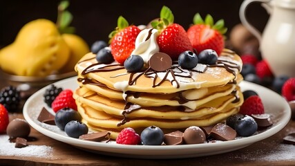 Wall Mural - Fresh golden pancakes with cream and chocolate, fruit