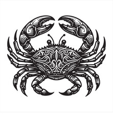 A black and white drawing of a crab with a pattern . A black and white drawing of a crab with a black and white