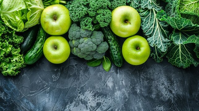 a green apple centrally, encircled by broccoli, lettuce, cauliflower, three