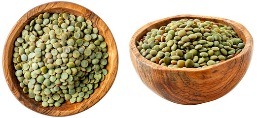 Green lentils in a wooden bowl collection, side and top view, isolated on a transparent background