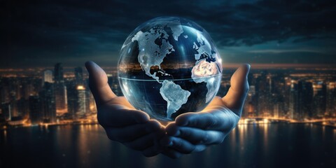 Earth at night was holding in human hand, Earth day, Energy saving concept,