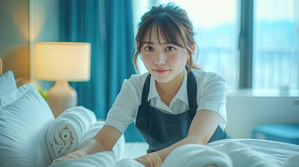 Wall Mural - A woman in a black apron is laying on a bed with a pile of white towels