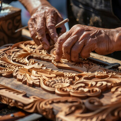 Wall Mural - A close-up shot of traditional crafts being made at a local cultural festival