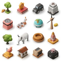 2. Create a sticker collection showcasing diverse symbols and objects in a 3D format, each with its own area for adding custom text.