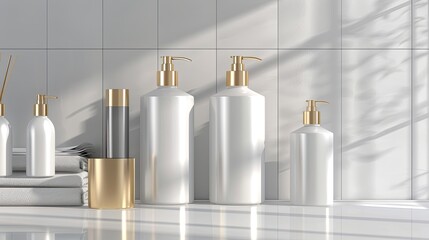 Poster - Closeup of elegant, white shampoo and conditioner bottles with gold pumps, displayed on a white counter in a modern bathroom. Generative AI