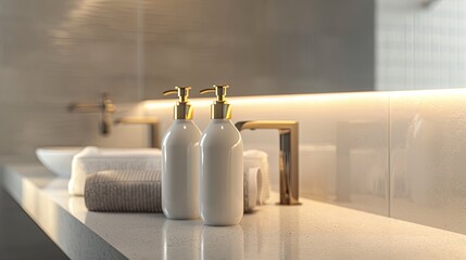 Aufkleber - Two elegant bottles of shampoo and conditioner with gold pumps sit on a modern bathroom countertop. Generative AI