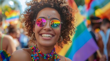Poster - Vibrant Pride Month celebration poster, featuring diverse LGBTQ community members in joyful parade, rainbow flags and banners, documentary photography style