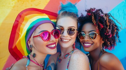 Poster - Editorial-style Pride Month celebration poster, showcasing diverse LGBTQ community rights, striking typography, rainbow elements, magazine photography style