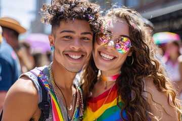 Poster - Editorial photography of Pride Month event, striking portrait of LGBTQ activists, bold statements on posters, emotional expressions, unity and pride