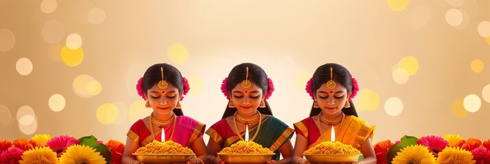 Happy Pongal religious holiday background for harvesting festival of India. marigold flowers, candles, indian girls