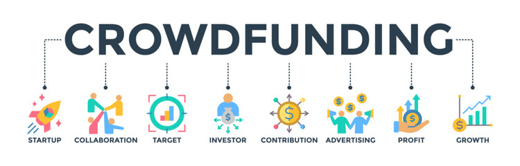 Poster - Crowdfunding web icon concept with icon of startup, collaboration, target, investor, contribution, advertising, profit, and growth. Vector illustration