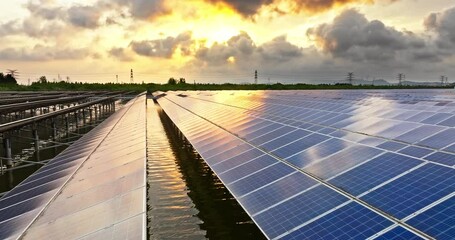 Wall Mural - Aerial view of solar power plant landscape at sunset. Solar panel power station on the lake.