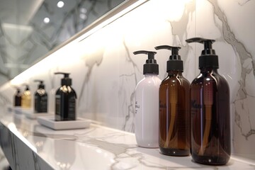 Poster - Stylish bottles of shampoo and conditioner on a marble shelf. Generative AI