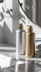 Aufkleber - Two sleek bottles of shampoo and conditioner sit on a marble countertop, bathed in natural light. Generative AI