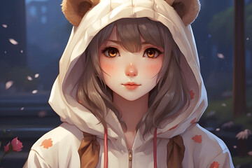 Wall Mural - A girl with a white hoodie and a bear hoodie