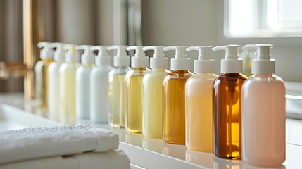 Poster - A row of stylish shampoo and conditioner bottles with pumps, neatly arranged on a bathroom countertop. Generative AI