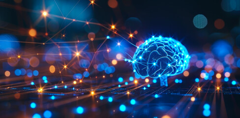 Poster - Futuristic Digital Brain with Blue Neural Connections and Glowing Dots Representing Artificial Intelligence at Night, Concept of AI and Neural Networks in Technology
