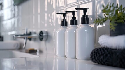 Aufkleber - Three stylish bottles of shampoo and conditioner with pump dispensers stand on a countertop in a modern bathroom. Generative AI
