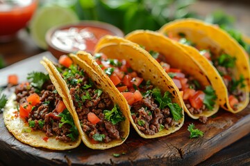 Beef Tacos - Soft beef tacos with lettuce, cheese, and salsa.