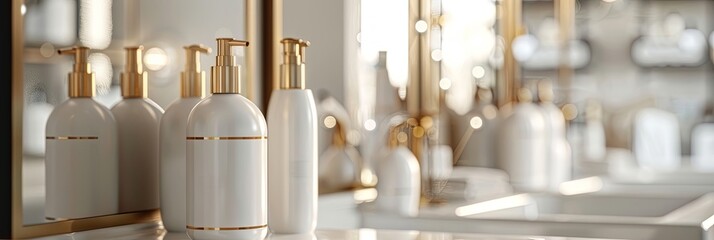 Aufkleber - Close-up of elegant shampoo and conditioner bottles with gold accents, in a sleek bathroom setting. Generative AI
