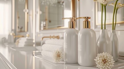 Poster - White shampoo and conditioner bottles with gold accents, set on a white bathroom countertop with towels and flowers. Generative AI