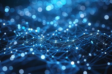 Poster - Blue backdrop with small white dots, blue abstract background with a network grid and particles connected, AI generated