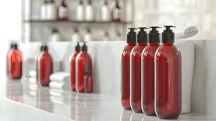 Poster - Close-up of stylish, red bottles of shampoo and conditioner on a bathroom counter. Generative AI