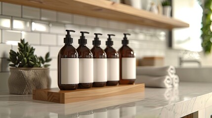 Poster - Close-up of five stylish bottles of shampoo and conditioner in a modern bathroom setting. Generative AI