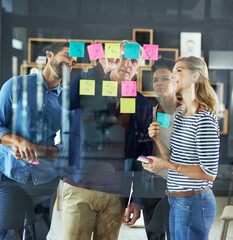 Aufkleber - CEO, businessman and brainstorming with sticky notes on glass for planning sales project, strategy process or tasks. Collaboration, boss and employees in meeting for ideas, solution or goals schedule