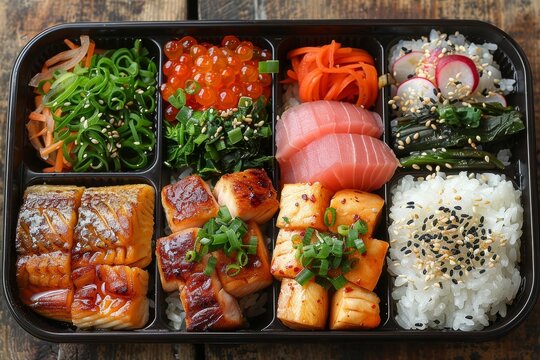 Bento Box - A compartmentalized lunch box with rice, fish, meat, pickled vegetables, and tamagoyaki. 