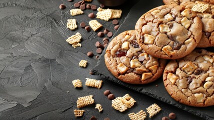 Sticker -  A stack of cookies on a table, beside a bowl of chocolate chips and a cup of coffee atop a black paper backdrop