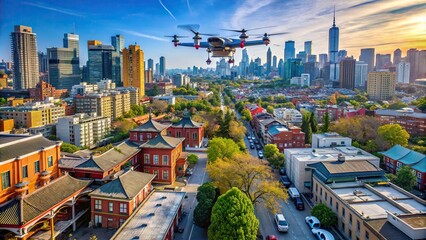 Low flight through to Streets of Chinatown in Toronto Canada travel photography by drone , Toronto, Canada, Chinatown, street, cityscape, urban, aerial view, architecture, buildings